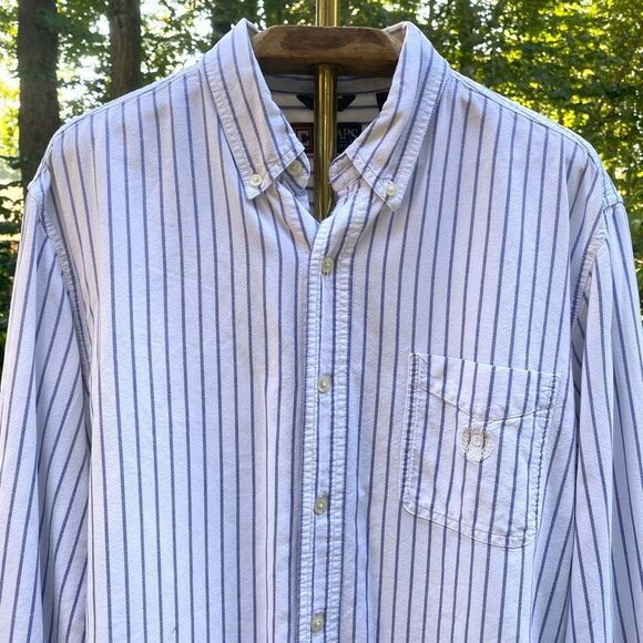 Chaps White Blue Stripe Crest Button Up Oxford Shirt - Picture 3 of 7